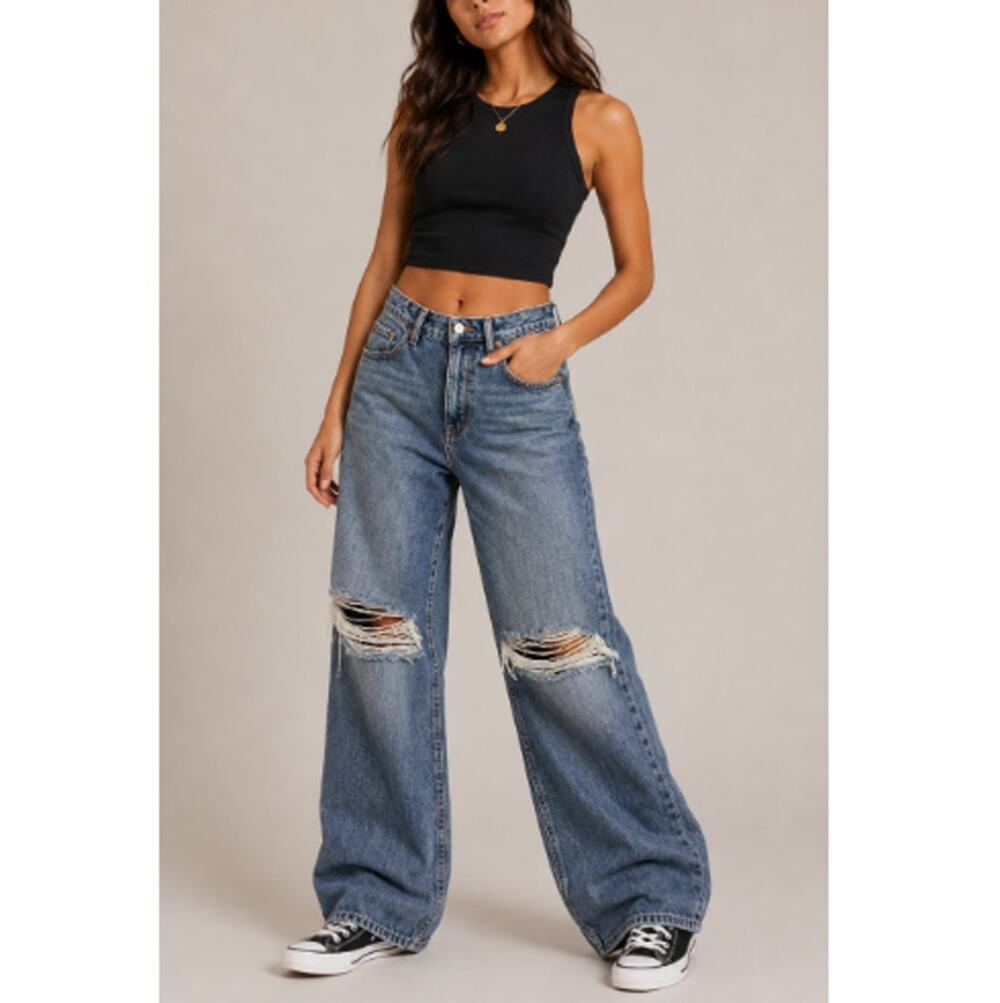 New Revolve Lovers + Friends Lennon Blue Ultra High Rise Wide Leg Jeans Size 28
